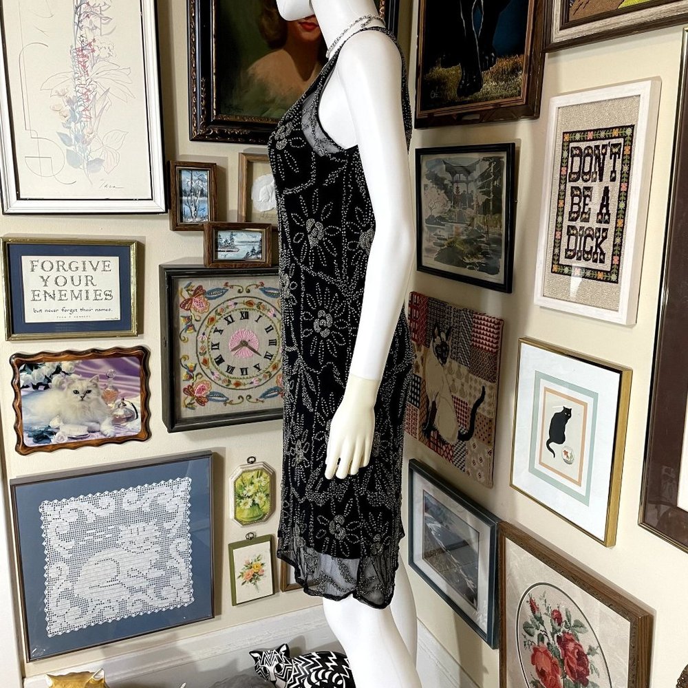 Papell Boutique Evening Black Sleeveless 20's Style Dress with all Over Beading - Picture 4 of 10